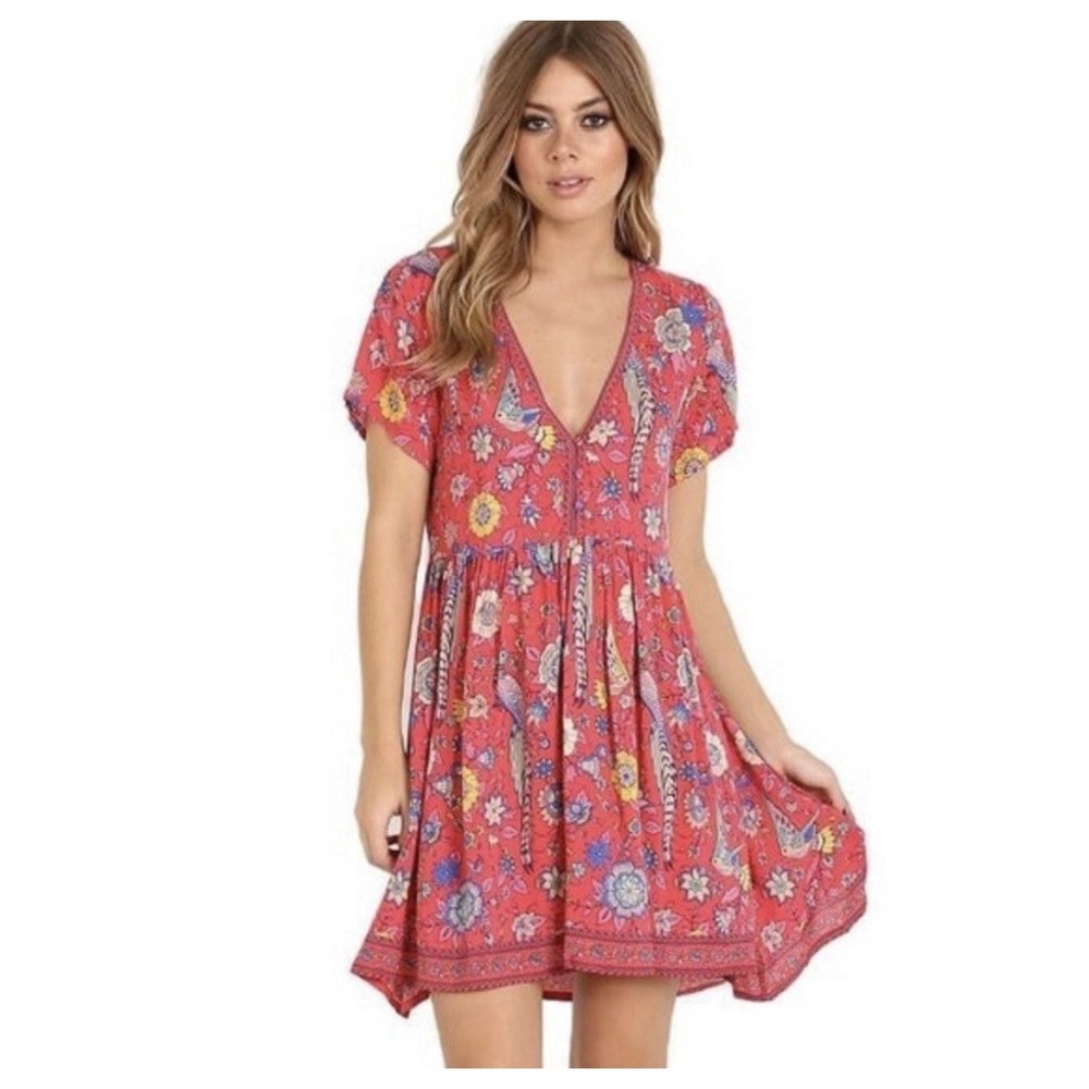 R. Vivimos Floral Peacock Boho Style Short sleeve Dress Size‎ M